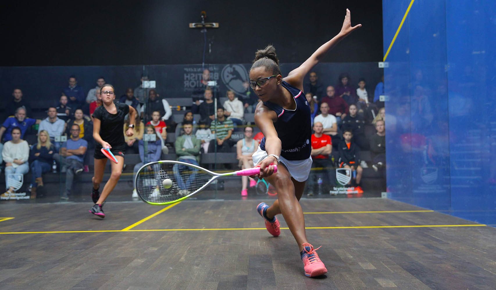 Amelie Haworth and Asia Harris playing at the Dunlop British Junior Championships 2019